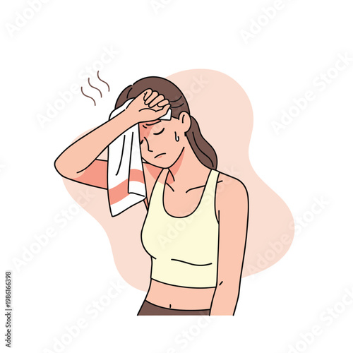 Illustration of a woman wiping sweat from her forehead, indicating heat exhaustion or overheating after exercise.