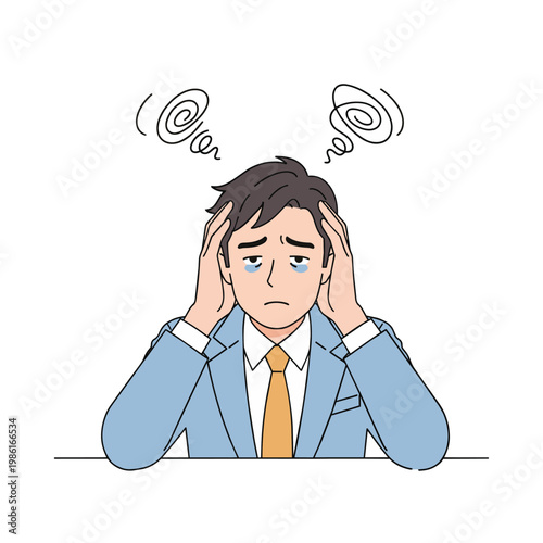 A businessman in a suit is depicted with a worried expression, holding his head with both hands, and swirling lines above his head to indicate stress or confusion.