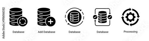 Data handling icon set with database and processing elements.Perfect for data management,storage,and digital system applications.