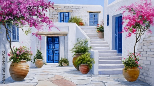 Bright blue doors and pink flowers in a sunny courtyard on a quiet street in a Mediterranean town during the day