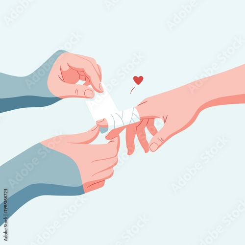 A person carefully wraps a bandage around another's finger, symbolizing care, healing, and affection. A small heart floats above, adding a touch of love and tenderness to the scene.