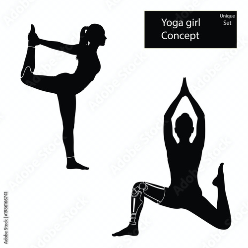 Silhouette of a young woman with prosthetic leg doing yoga poses for disability inclusion and body positivity concept