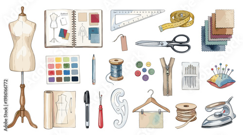 Fashion design and sewing tools vector set with dress form, ruler, tape measure, scissors, thread, pins, iron, hanger and pattern making supplies