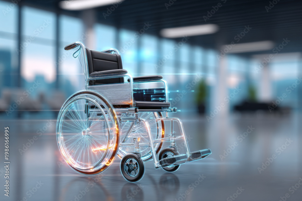 Obraz premium Futuristic wheelchair with glowing digital elements stands in a modern, spacious interior. Innovative technology and accessibility merge in this advanced mobility device for enhanced independence