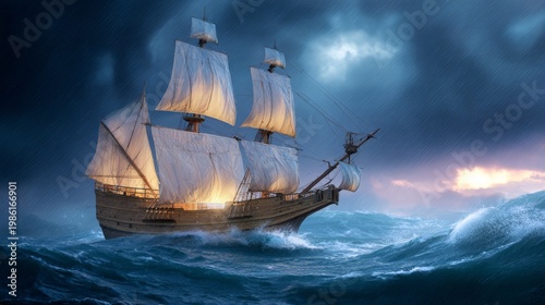 Historic ship sails through stormy seas during twilight