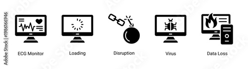 System alert icon set featuring monitoring,errors,and disruptions.Perfect for system performance and risk management visuals.