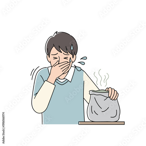 A man is holding his nose and reacting to a foul odor coming from a garbage bag. He is sweating and looks disgusted.