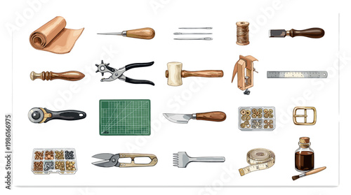 Leather craft tools vector set with awls, punches, mallet, skiving knife, rivets, ruler, cutting mat and stitching tools isolated on white