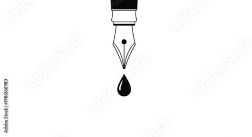 A detailed black and white fountain pen nib releases a single perfect ink droplet against a stark white background in a minimalist graphic style and tone.