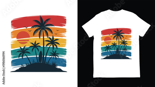Tropical island design on white tshirt and fabric with colorful sunset and palm trees