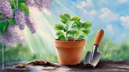 Plant growing in a pot with garden tools and flowers in the background during daylight