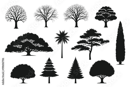 Collection of tree silhouettes featuring various species arranged as black vector icons on a clean background