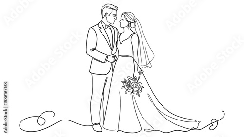 Continuous One Line Drawing Wedding Couple Bride Groom Vector_26