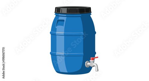 A sturdy blue plastic water storage barrel with a black lid and a functional silver tap stands alone against a clean white background environment with soft light.
