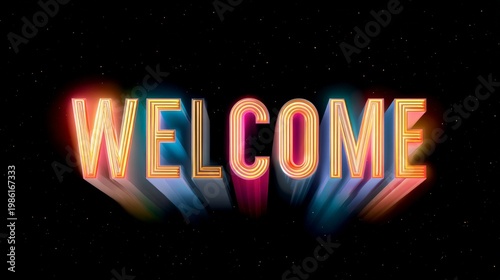 Bright welcome sign with colorful lights and shadows displayed against a dark background at nighttime