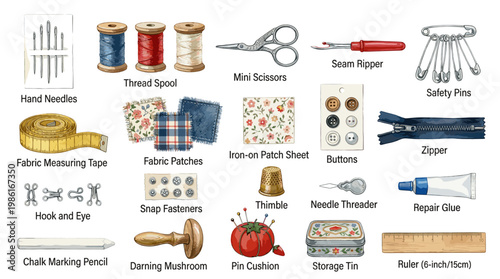 Sewing and tailoring tools vector set with thread spools, scissors, seam ripper, buttons, needles, zipper, measuring tape and pin cushion isolated on white