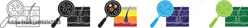 Skin structure magnifying glass analysis icon showing hair follicle and cellular layers.