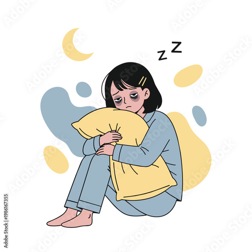 A girl with dark circles under her eyes sits hugging a pillow, looking tired and sleepless. The illustration conveys insomnia and sleep deprivation.