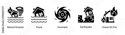 Disaster events icon set with natural hazards and emergency situations.Ideal for crisis management and environmental risk designs.