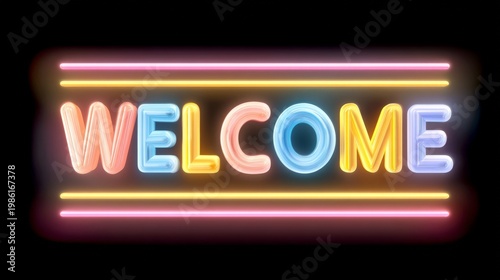 Bright welcome sign in neon lights for an event or gathering in a dark space at night
