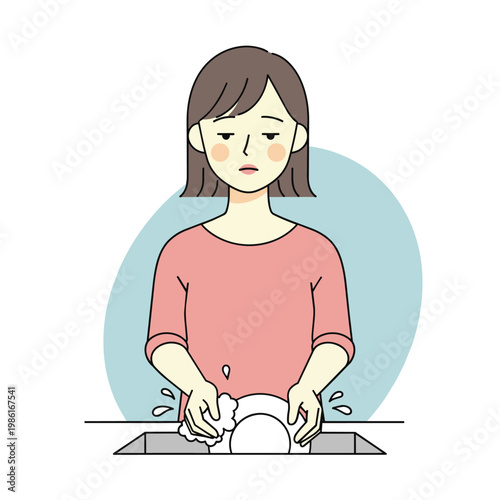 A woman with a weary expression is washing dishes in a sink, with water splashing around her hands and the dishes.