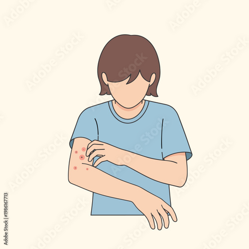Illustration of a person scratching their arm, which is covered in a rash, indicating skin irritation or a health condition requiring attention.