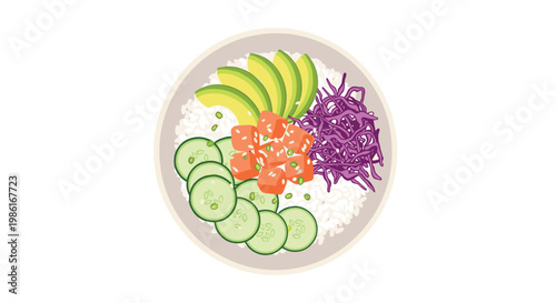A vibrant poke bowl filled with fresh salmon cubes avocado slices cucumber and purple cabbage over white rice is centered on a white background.