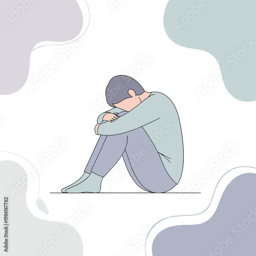 A minimalist illustration of a person sitting curled up, head down, representing sadness, depression, or mental health struggles. The soft colors and simple lines convey a sense of vulnerability.