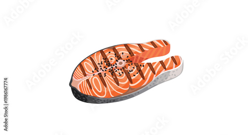 A thick grilled salmon fillet with distinct dark sear lines and black sesame seeds is presented at a dynamic angle on a clean white background.