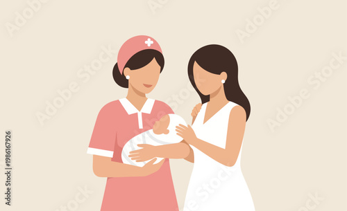 A nurse tenderly holds a newborn baby while the mother lovingly watches, illustrating the precious moments of childbirth and postpartum care