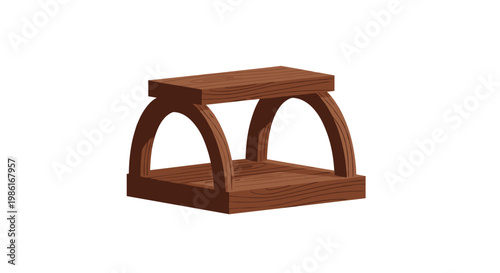 A small handcrafted dark brown wooden footstool featuring elegant arched support legs and a textured grain surface stands firmly against a white backdrop.