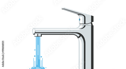 A modern polished chrome bathroom faucet releases a continuous stream of clear blue water with delicate splashing droplets against a white background.