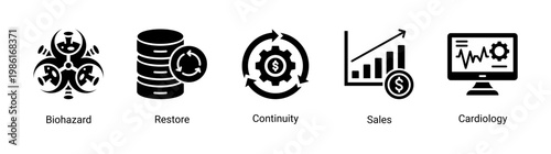 Recovery action icon set featuring restoration,continuity,and emergency response concepts.Suitable for disaster recovery and safety visuals.