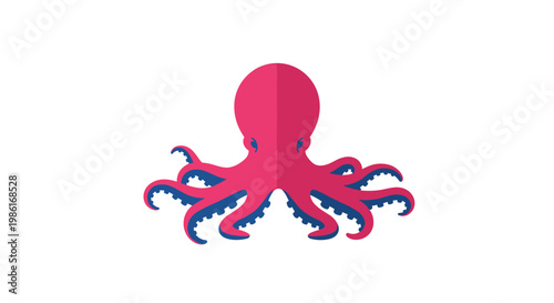 A vibrant pink stylized octopus with eight curling tentacles featuring dark blue undersides is positioned symmetrically in the center of a white background.
