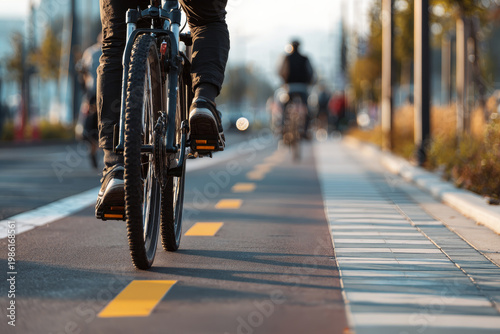 Close up view of a cyclist riding on a dedicated urban bike lane during a sunny day. Modern city infrastructure promotes healthy and eco friendly transportation alternatives for daily commuting