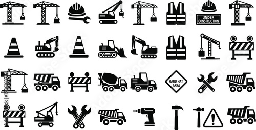 Construction machinery and tools black silhouette icons set vector heavy equipment symbols for industrial design