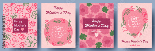 Happy Mother's Day greeting cards or posters with flowers. Trendy hand drawn illustration for season banner, flyer, cover. 