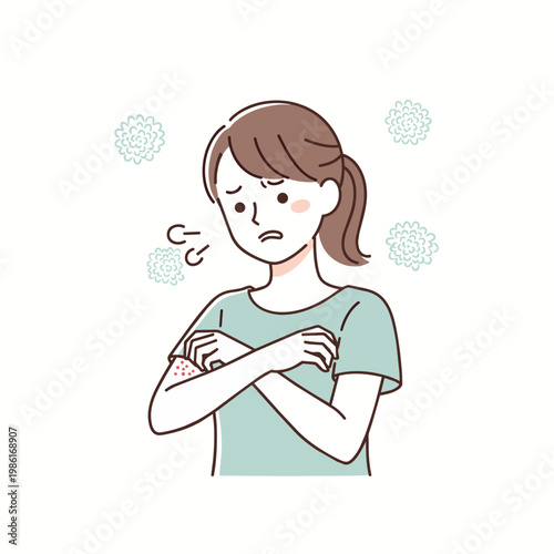 A woman with crossed arms expressing discomfort, possibly due to skin irritation, allergy, or rash on her arm. She appears concerned and uneasy.