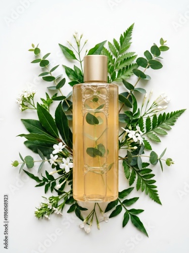 Botanical beauty infused bottle with leaves and flowers nature scene aesthetic composition