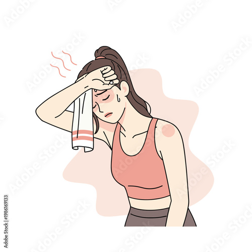 A woman in workout clothes is experiencing heat exhaustion, wiping sweat from her forehead with a towel, looking distressed and overheated after exercising.