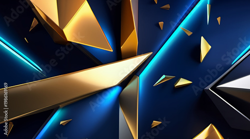 Abstract 3D Geometric Gold Shards with Blue Neon Light Background