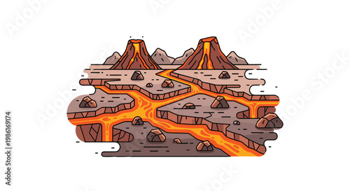 A vibrant vector illustration depicts two active volcanoes spewing molten orange lava across a desolate and cracked brown terrain under bright lighting.