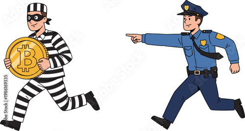 Cartoon Thief Running Bitcoin Crypto Currency Police Chasing Cybercrime Concept Vector Illustration Isolated Background