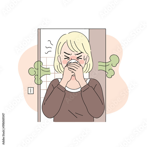 Illustration of a woman covering her nose and reacting to a bad smell in a room, expressing disgust and discomfort.