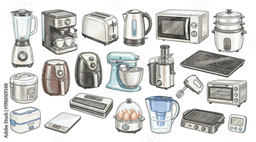 Kitchen appliances collection with blender, coffee maker, kettle, microwave, mixer, rice cooker and toaster in hand drawn vector style isolated on white.