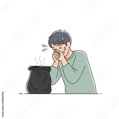 Illustration of a man holding his nose and reacting to a foul odor emanating from a black trash bag.