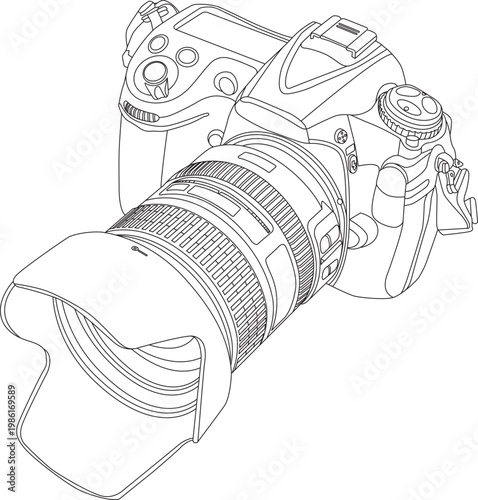 Detailed line art drawing of a professional DSLR camera with a large lens for photography and digital media.