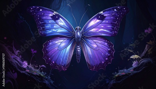Blue and purple butterfly in mystical forest