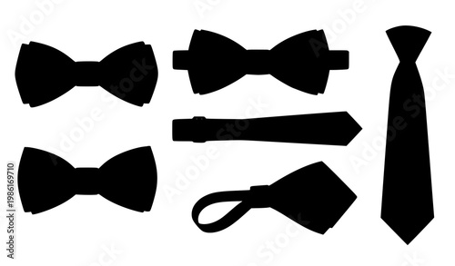 Realistic black bowtie and necktie vector icon set with detailed formal fashion accessories in premium style illustration