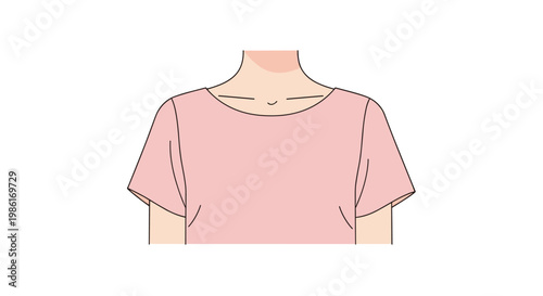 A minimalist illustration depicts the upper torso and neck of a person wearing a simple light pink cotton t-shirt with a comfortable wide round neckline.